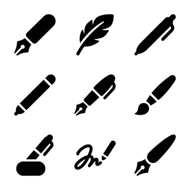 Farklı yazı ve çizim araçlarını temsil eden dokuz siyah beyaz simge koleksiyonu. Dolma kalemler, bir kalem, bir boya kalemi ve bir imza..