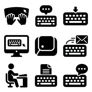 Daktilo, mesajlaşma, e-posta, veri girişi ve bilgisayar işi de dahil olmak üzere klavye kullanımının çeşitli yönlerini temsil eden dokuz siyah beyaz simge koleksiyonu.