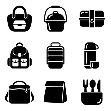 Çantalar, bento kutuları, termoslar ve çatal bıçaklar gibi çeşitli yemek ve yiyecek taşımacılığını temsil eden dokuz basit siyah ve beyaz vektör simgesinden oluşan bir koleksiyon..