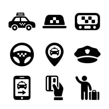 Bir araba, sayaç, harita şifresi, mobil uygulama, ödeme ve beyaz arka planda izole edilmiş yolcu dahil olmak üzere dokuz basit siyah simge simgesi koleksiyonu..