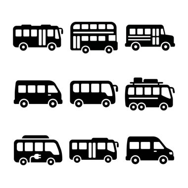 Okul otobüsü, çift katlı otobüs, elektrikli otobüs ve seyahat kavramları için minibus gibi farklı otobüs ve otobüs türlerini gösteren dokuz basit simge seti..