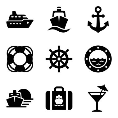 Gemi seyahati, çapa, can simidi, dümen, lomboz, valiz ve bir kokteyl dahil olmak üzere dokuz basit simge ikonu koleksiyonu..