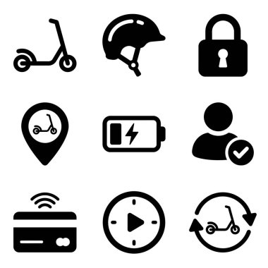 Bir e-scooter kiralama uygulaması arayüzü için sağlam simge koleksiyonu. Scooter, miğfer, kilit, konum, pil, kullanıcı doğrulaması, ödeme ve zaman sembollerini içerir.
