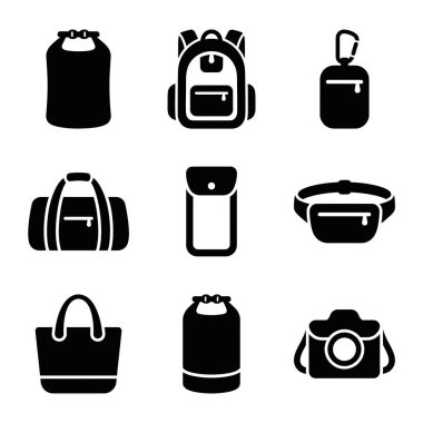 Seyahat, spor ve açık hava aktiviteleri için çeşitli çantaları temsil eden dokuz adet siyah siluet simgesi. Sırt çantası, spor çantası ve kamera çantası da dahil..
