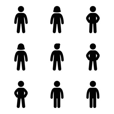 İnsanları temsil eden minimalist piktogramlar koleksiyonu. Çeşitli temel pozlarda erkek ve kadın sembolleri içerir. Web tasarımı, bilgi grafikleri ve işaretler için izole vektör grafik elementleri.