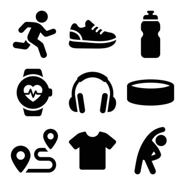 Bir koşucu, ayakkabı, su şişesi, akıllı kulaklıklar, kulaklıklar, yol haritası ve esneme hareketlerini temsil eden dokuz siyah katı simge koleksiyonu..
