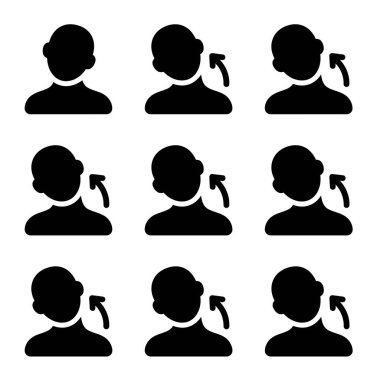 Dokuz siyah siluet ikonundan oluşan bir koleksiyon kafa ve boyun esneme hareketlerini gösteriyor. Vektör glifleri refah ve rehabilitasyon için eğiklik ve dönüş egzersizlerini gösterir.