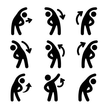 Farklı esneme ve esneklik egzersizlerini gösteren dokuz basit siyah piktogramdan oluşan bir koleksiyon. Simgeler, insan figürlerinin hareket eden oklarla büküldüğünü ve döndüğünü gösteriyor..