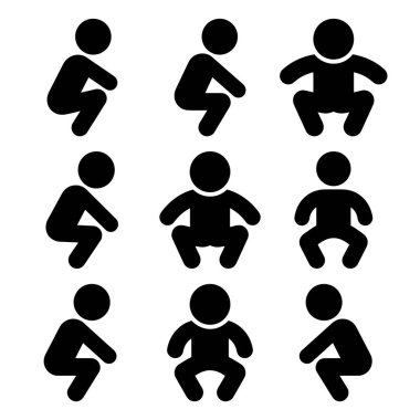 Çömelmiş vaziyette bir insan figürünü gösteren dokuz basit siyah resim koleksiyonu. Simgeler beyaz arkaplanda hem önden hem de yandan görünümü gösterir.