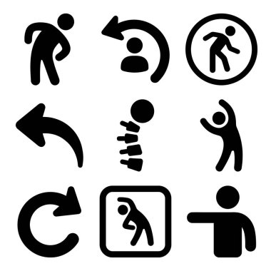 Bir omurga simgesi ve navigasyon veya eylemler için çeşitli ok sembollerinin yanı sıra esneyen, yürüyen ve bükülen insan figürlerini gösteren dokuz siyah ve beyaz simge koleksiyonu..