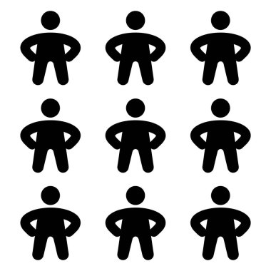 İnsanları temsil eden dokuz siyah siluetten oluşan bir koleksiyon. Benzer şekiller temiz beyaz bir arkaplan üzerinde 3x3 ızgara şeklinde düzenlenir, birlik veya uygunluğu sembolize eder.