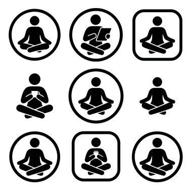 Yoga lotusu pozundaki bir insanı tasvir eden dokuz minimalist ikondan oluşan bir derleme. Bazıları meditasyon yaparken, bazıları modern farkındalığı simgeleyen bir tablet veya akıllı telefon kullanıyor..