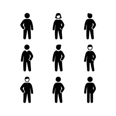 İnsanları temsil eden minimalist sembol koleksiyonu. Sette, kullanıcı profilleri veya bilgi grafikleri için uygun, farklı duruş pozisyonlarındaki çeşitli jenerik erkek ve kadın figürleri yer alıyor.