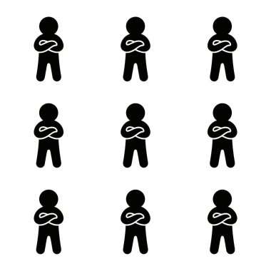 Üçer üçer dizilmiş, çapraz kollu savunma pozisyonundaki bir kişinin dokuz tıpatıp aynısı. Beyaz arkaplanda bir minimalist simge.