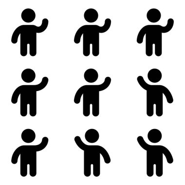 Elini sallayan bir insanı tasvir eden dokuz basit siyah siluet ikonundan oluşan bir koleksiyon. Beyaz arka planda izole edilmiş selamlama, veda veya iletişim için minimalist resim sembolleri.