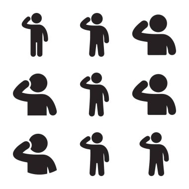 Bir insanı selamlama pozu içinde gösteren dokuz adet basit siyah resim seti. Bu ikonlar saygıyı, onuru, askerliği ve vatanseverliği temsil ediyor. Beyaz bir arkaplanda izole edilmiş.