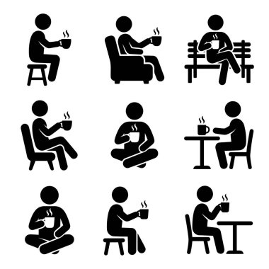 Çeşitli pozlarda oturan ve bir bardaktan sıcak bir şeyler içen insanları gösteren dokuz adet siyah siluet resim koleksiyonu. Rahatlama, mola ve kahve için simgeler.