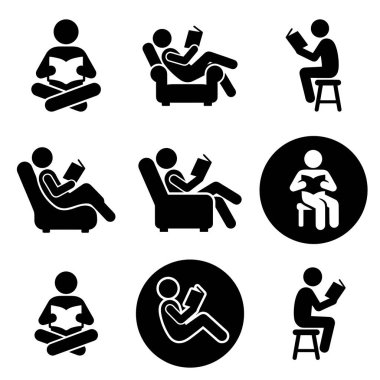 İnsanların sandalye, tabure ve zemin üzerinde farklı rahat pozisyonlarda otururken kitap okuduğunu gösteren dokuz adet siyah beyaz resim koleksiyonu..