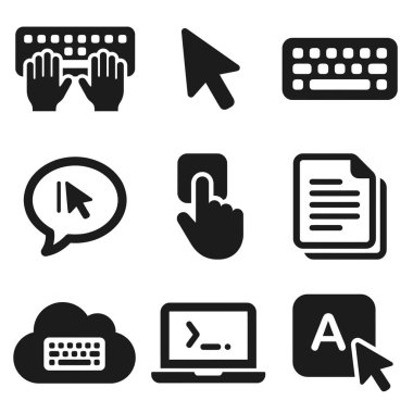 Klavye yazma, fare imleci, belgeler, bulut hesaplama ve yazılım arayüzü elementleri de dahil olmak üzere bilgisayar teknolojisiyle ilgili dokuz siyah simge koleksiyonu.