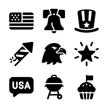 Bayrak, kartal, özgürlük çanı, havai fişekler ve 4 Temmuz kutlamaları için barbekü gibi Amerikan vatanseverlik temalarını temsil eden dokuz siyah katı ikondan oluşan bir koleksiyon..