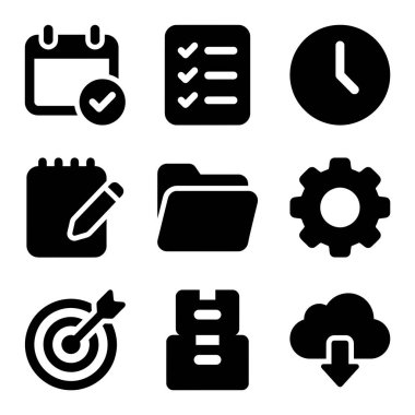 UI tasarımı için takvim, kontrol listesi, saat, notlar, dizin, ayarlar, hedef, arşiv ve bulut indirme içeren dokuz temel iş ve teknoloji simgesinden oluşan bir koleksiyon.