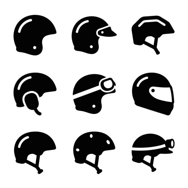 Collection of various helmet icons in a simple black silhouette style. Includes motorcycle, bicycle, racing, and vintage goggle designs isolated on a white background.