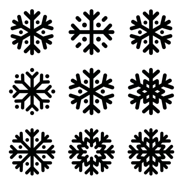 Dokuz eşsiz, simetrik kar tanesi ikonu koleksiyonu. Basit siyah çizgi sanat tarzı, kış temaları için mükemmel, Noel süslemeleri, ve hava ile ilgili grafik tasarım elementleri.