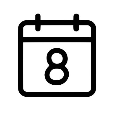 Sekiz numarayı gösteren bir takvim sayfasının temiz ve basit siyah çizgi simgesi. Beyaz arkaplanda izole edilmiş bu vektör grafiği UI tasarımı, web siteleri ve uygulamaları için mükemmeldir..