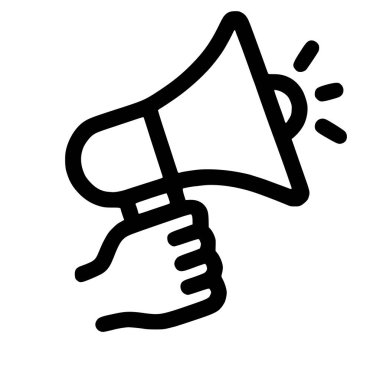 Megafon tutan basit bir siyah-beyaz çizgili sanat simgesi. Bu sembol pazarlamayı, protestoyu, halk önünde konuşmayı ve yayın bilgisini temsil etmektedir. İzole vektör grafiği.