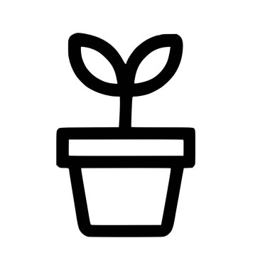 Çiçek saksısında büyüyen iki yapraklı küçük bir tohumu gösteren basit bir siyah beyaz vektör ikonu. Bu grafik büyümeyi, doğayı, bahçıvanlığı ve yeni başlangıçları simgeler..