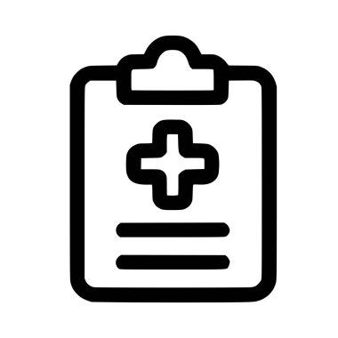 Tıbbi bir panonun minimalist siyah çizgi simgesi. Sergide, sağlık hizmetleri, hasta tabloları ve sağlık kayıtlarını temsil eden önemli bir artı veya çapraz sembol yer alıyor..