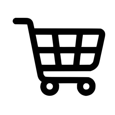 A minimalist line art graphic of a shopping trolley. A universal symbol for online stores, adding items to a basket, and digital checkout processes on websites or applications.