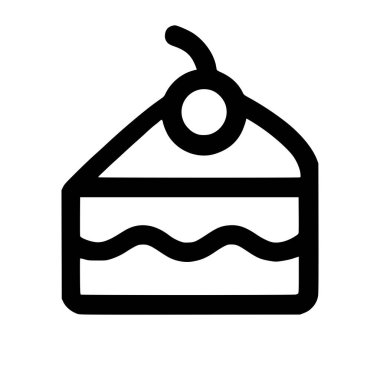 Üçgen şeklinde bir pasta dilimini gösteren minimalist bir vektör grafiği. Simge iki katmanlı, dalgalı bir dolgu içeriyor ve üzerinde tek bir kiraz var. Tasarım basit, cesur bir taslak..
