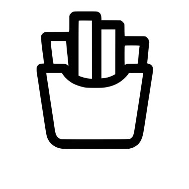 Klasik bir fast food konteynırında patates kızartması servis eden basit ve temiz bir siyah taslak ikonu. Tasarım minimalist ve modern, beyaz bir arka planda izole edilmiş..