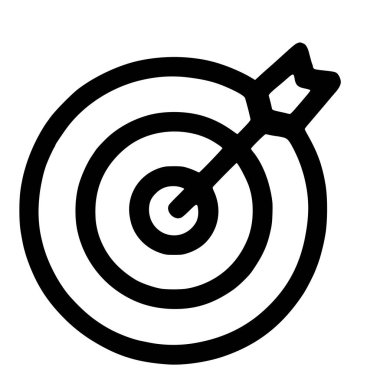 Basit, koyu siyah çizgili bir ikon dairesel bir hedefi tasvir ediyor. Hedefin tam ortasına saplanmış bir ok. Bu grafik hedefler, başarı, doğruluk ve başarı gibi kavramları temsil eder..