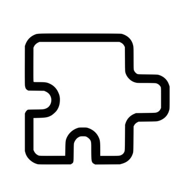 A clean and simple black line icon of a single jigsaw puzzle piece. The graphic has rounded corners and is isolated on a plain white background, representing a concept or a part of a whole.