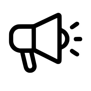 Megafon ya da hoparlörün basit bir siyah çizgi sanat simgesi, beyaz bir arka planda izole edilmiş duyuruyu, pazarlamayı ve halka açık bir adresi sembolize ediyor..