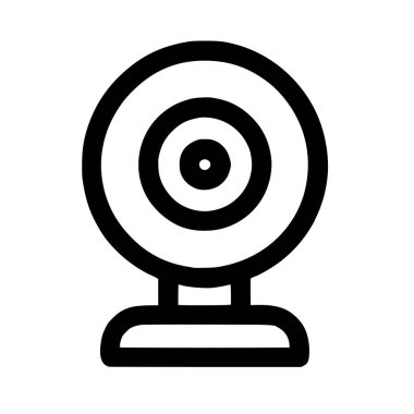 Kürsüde bir web kamerasının minimalist siyah taslak simgesi. Bu vektör grafiği video konferansı, çevrimiçi toplantılar, yayın ve dijital iletişim teknolojisini temsil etmektedir..