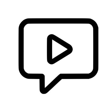 Bir video yorumu veya sohbet simgesinin vektör illüstrasyonu. Kare bir konuşma balonunun içinde oyun üçgeni olan, beyaz bir arkaplanda izole edilmiş minimalist bir tasarım..