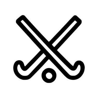 Bir diskin ya da topun üzerinde iki çapraz hokey sopası bulunan minimalist siyah beyaz çizgi ikonu. Bu basit grafik hokey sporunu temsil ediyor ve beyaz bir arka planda izole edilmiş..
