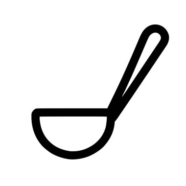 Çorba kepçesinin minimalist siyah taslak simgesi. Çorba veya güveç gibi sıvıları servis etmek için kullanılan yaygın bir mutfak malzemesi. Beyaz bir arkaplanda izole edilmiş.