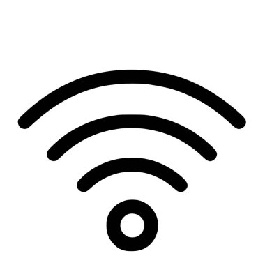 A minimalist black line art icon representing a wireless internet connection or Wi-Fi signal, isolated on a clean white background. The symbol shows signal strength with concentric arcs.