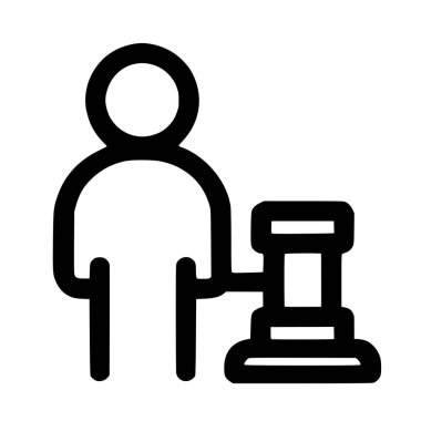 Hakimler ya da mezatçılar tokmağının yanında stilize edilmiş bir insan figürünü tasvir eden minimalist bir siyah taslak. Hukuk, otorite, adalet ve yasal işlemleri sembolize eder.