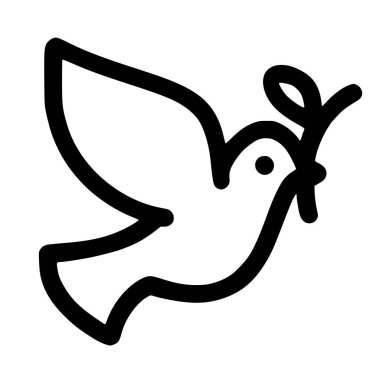 Elinde zeytin dalı tutan uçan bir güvercini tasvir eden minimalist siyah beyaz çizgi ikonu. Bu barış, umut ve ruhaniliğin evrensel bir sembolü..