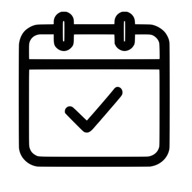 İşaretli bir takvimin basit siyah beyaz çizgili sanat simgesi. Bu sembol doğrulanmış bir tarihi, kaydedilmiş bir olayı, tamamlanmış bir görevi veya planlanmış bir randevuyu temsil eder..
