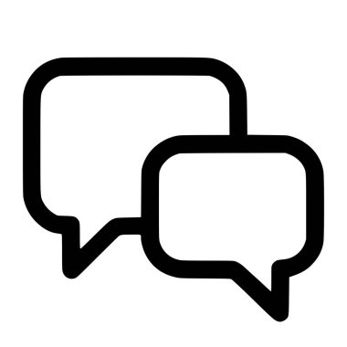 Üst üste binen iki sohbet baloncuğu içeren bir minimalist çizgi sanat ikonu. Bu sembol beyaz bir arkaplan üzerinde konuşma, diyalog, mesajlaşma ve sosyal medya etkileşimini temsil eder..