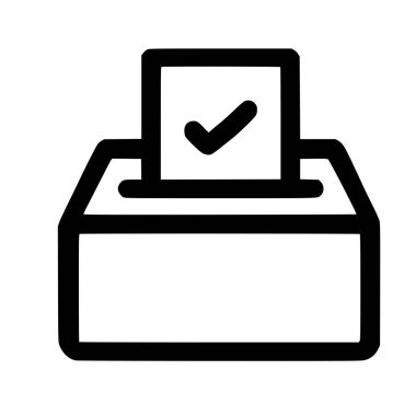 Oy sandığına koyulan oy pusulasını gösteren minimalist bir siyah çizgi simgesi. Oy vermeyi, seçimleri, demokrasiyi ve seçim yapmayı sembolize eder.