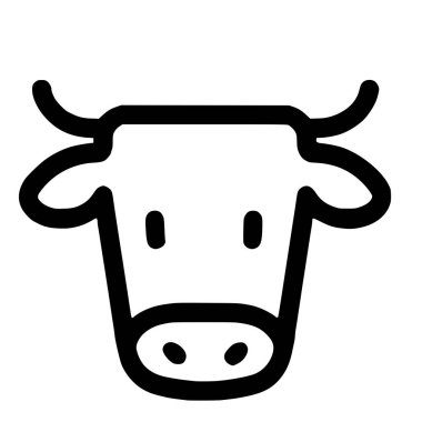 Bir ineğin yüzünü tasvir eden temiz ve modern bir vektör simgesi. Bu basit taslak grafik logolar, web siteleri ve tarımla ilgili tasarımlar için mükemmeldir..