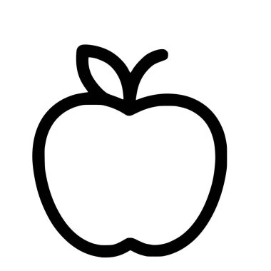 Elma meyvesinin minimalist siyah çizgisi çizimi. Bu basit simge sağlıklı beslenme, doğa ve eğitimi temsil eder..