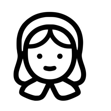 Geleneksel başörtüsü ya da başörtüsü takan gülümseyen bir kız ya da kadının başını ve omuzlarını gösteren minimalist bir siyah çizgi sanat ikonu. Beyaz bir arkaplanda izole edilmiş.